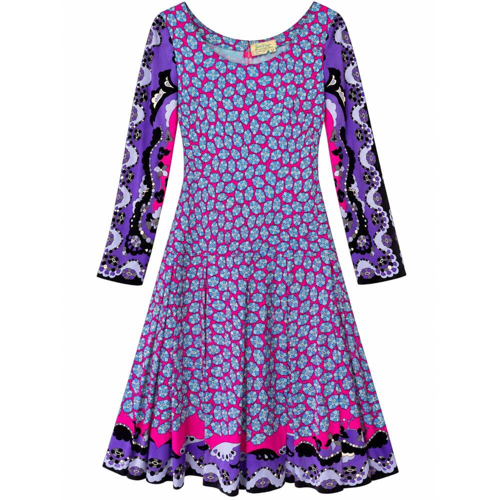 Emilio Pucci Vintage 1960s Floral Patterned Pleated Long Sleeve Dress